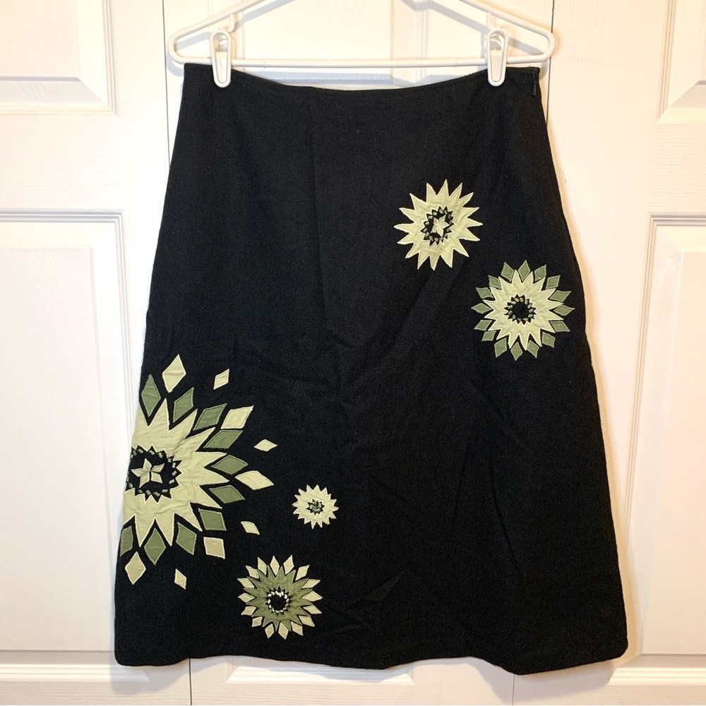 WALLIS Black and Green Wool Midi A-Line Skirt Women’s Size 12